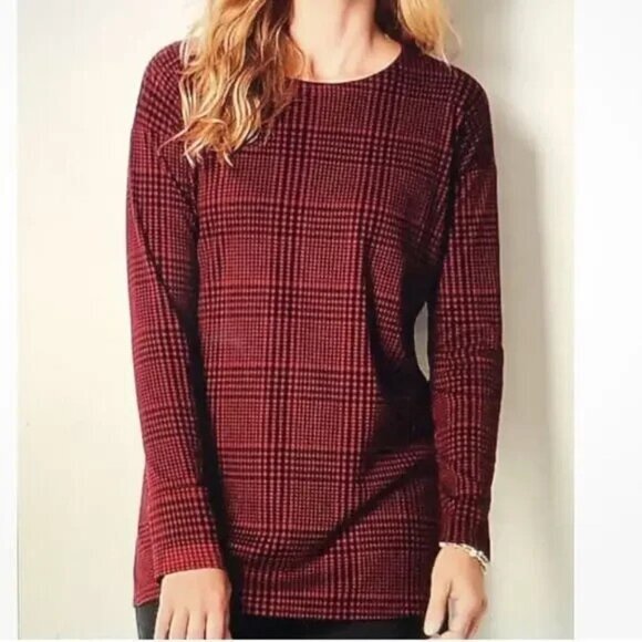"NWT" J Jill Simply Supima Crew Neck Tunic Top Red Black Plaid -‎ Size MP - Picture 1 of 9